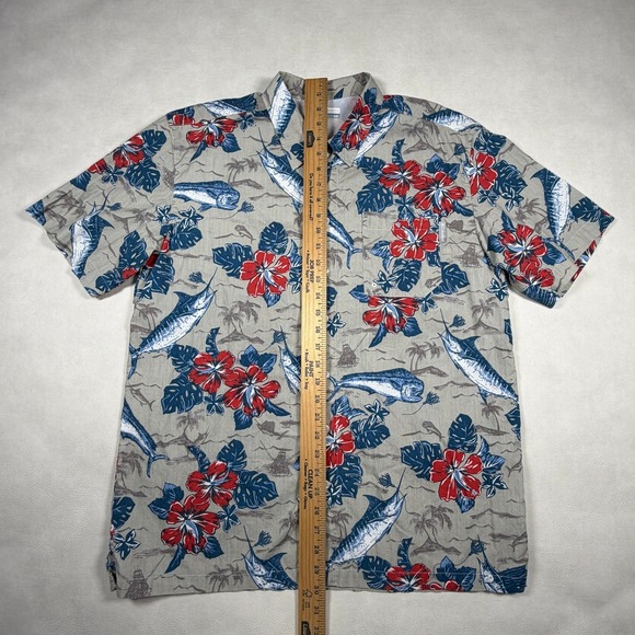 Columbia PFG Mens Medium Marlin Mahi Hibiscus Tropical Fishing Shirt Blue Red - Picture 3 of 8